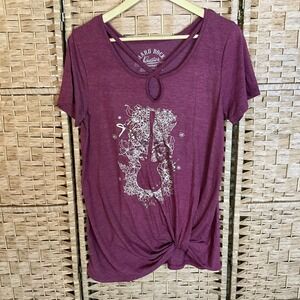 Hard Rock Guitar Co Women L‎ Burgundy Floral Guitar Key West T Shirt Twist Front